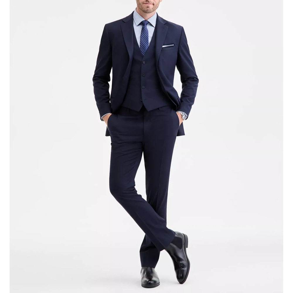 DKNY Mens Navy Blue 3 Piece Suit 46L Vest Pants 39x32 Formal Wedding Blazer